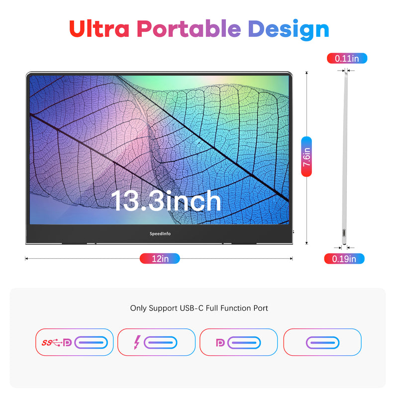 Speedinfo 13.3 inch Portable Monitor, Ultra Slim Lightweight Portable Dispaly for MacBook Dell XPS Laptop, Full HD 1080 IPS Screen, Full Function USB Type-C with Smart Magnetic Stand Cover-FKA