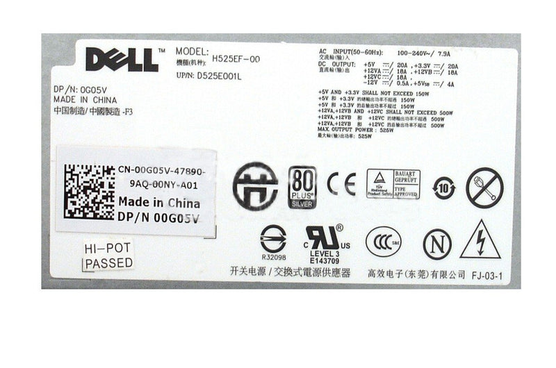 For Dell Precision T3500 525W Power Supply H525EF-00 0G05V 00G05V-FKA