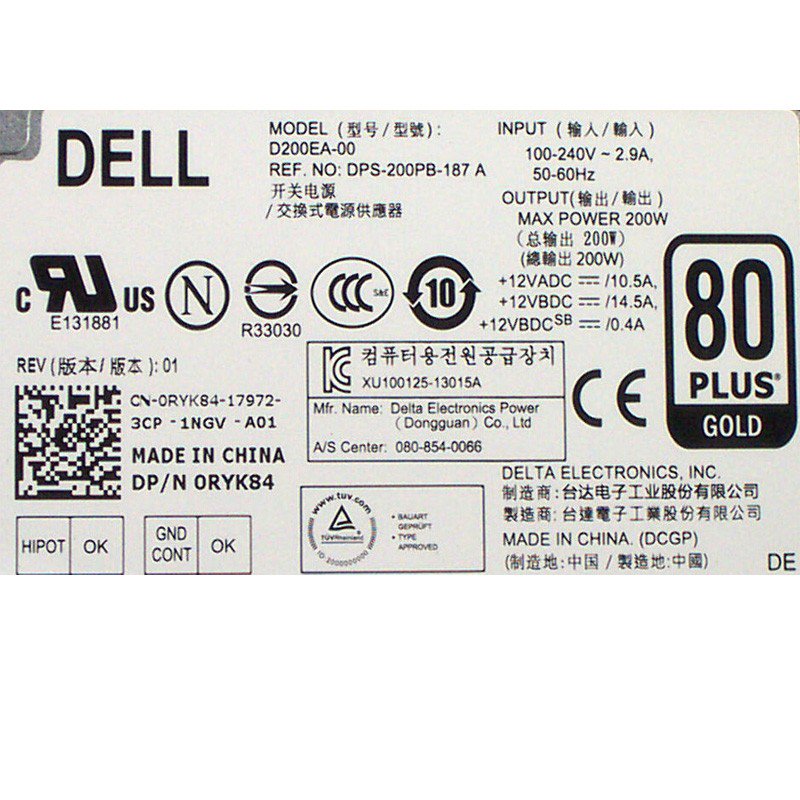 For Dell Optiplex 9020 AIO PSU 200W 8-Pin Power Supply RYK84 0RYK84 CN-0RYK84 D200EA-00-FKA