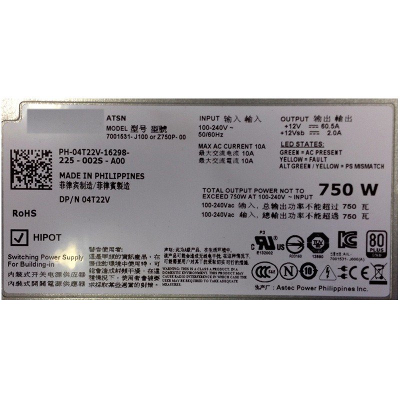 Dell PowerEdge R510 T710 R910 04T22V Z750P-00 750W Power Supply-FKA