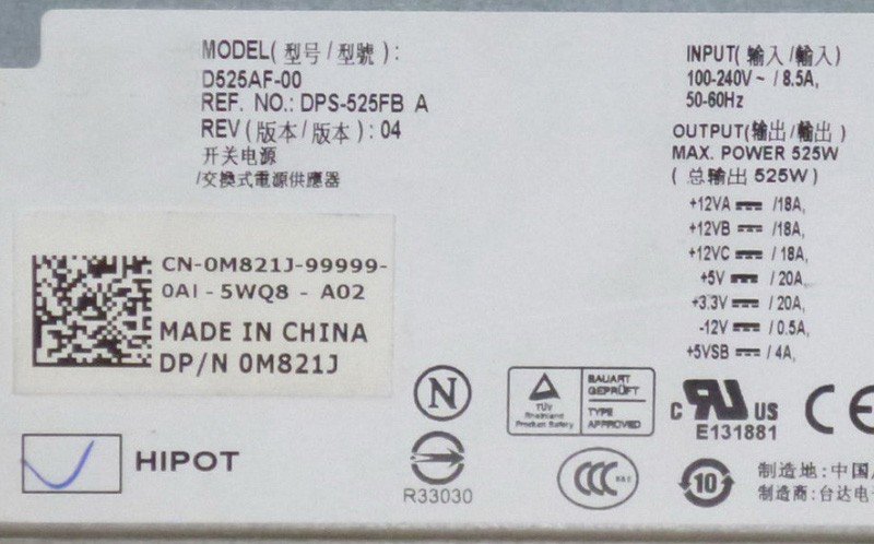 Dell Precision T3500 525W Power Supply M821J 0M821J CN-0M821J PSU D525AF-00-FKA