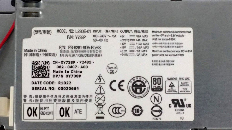 Dell Optiplex XE SFF Small Form Factor 280 Watt Power Supply PSU 0Y738P L280E-01-FKA