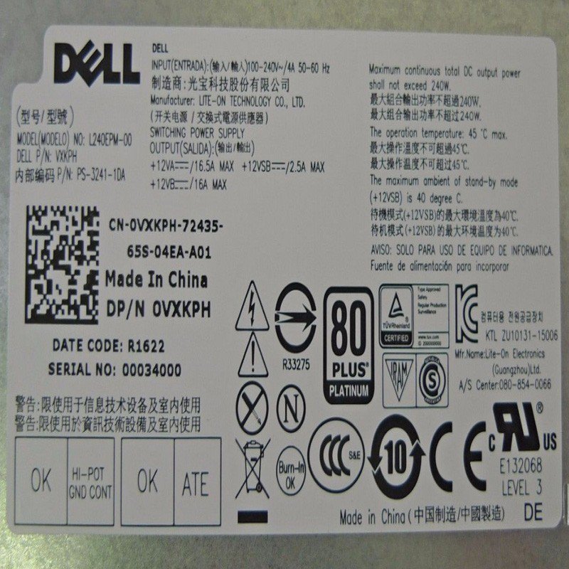 Dell VXKPH 0VXKPH CN-0VXKPH Optiplex 3040 5040 Precision T3420 240W MT Power Supply L240EPM-00-FKA