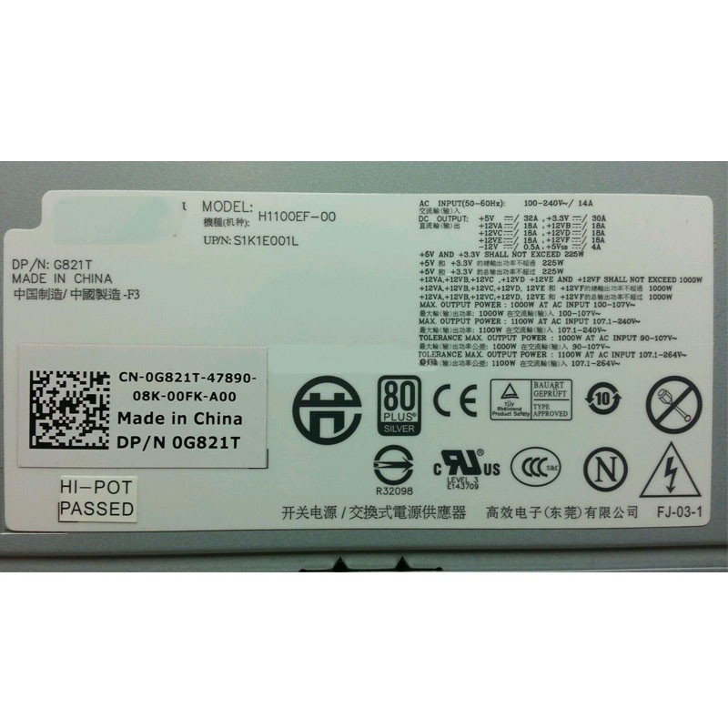 Dell G821T 0G821T 1100W Power Supply for Optiplex 760 780 960 H1100EF-00-FKA