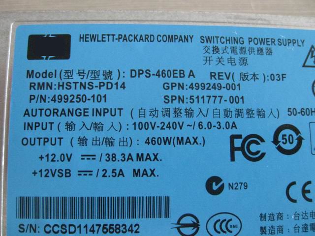 HP 460W Power Supply 499250-101 511777-001 for Proliant DL180 160  360 385 380-G6-FKA