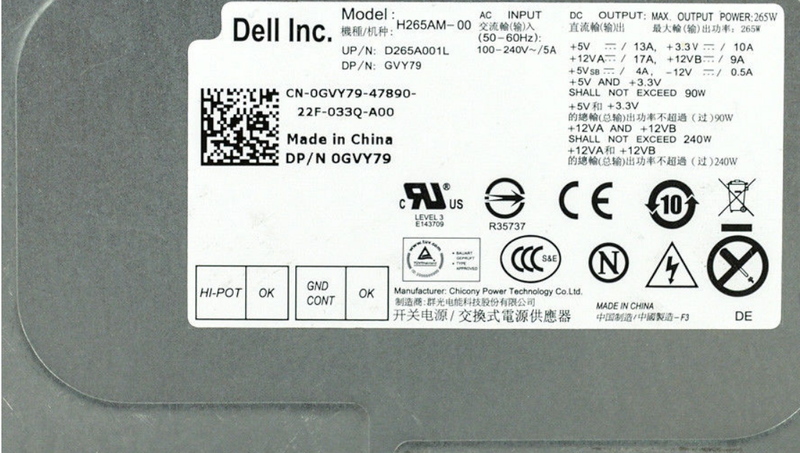 Dell GVY79 0GVY79 Optiplex 390 790 990 Mini Tower 265W Power Supply H265AM-00-FKA