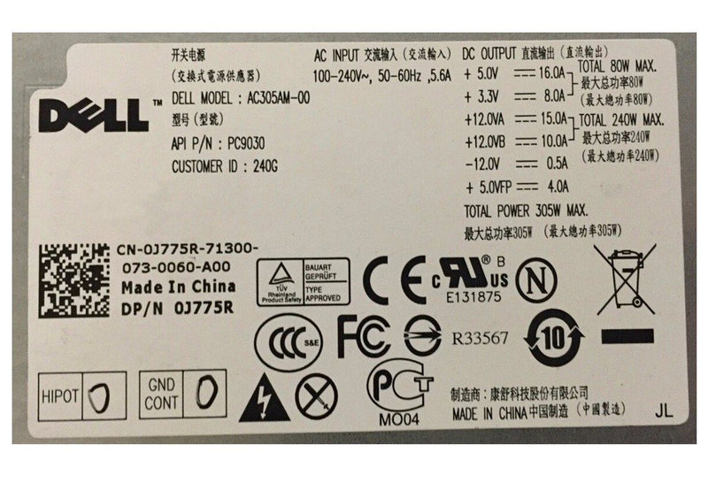 For Dell Optiplex 780 980 Mini Tower Power Supply MT AC305AM-00 J775R 0J775R 305W PSU-FKA