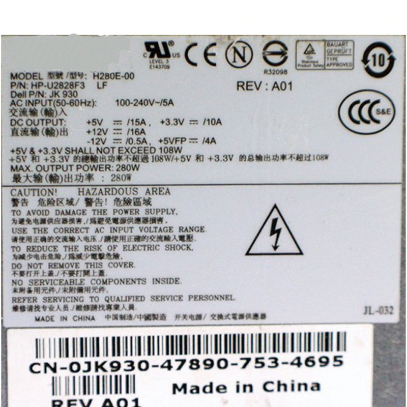 Dimension 4700 8400 Optiplex GX280 MT 0JK930 H280E-00 Power Supply-FKA