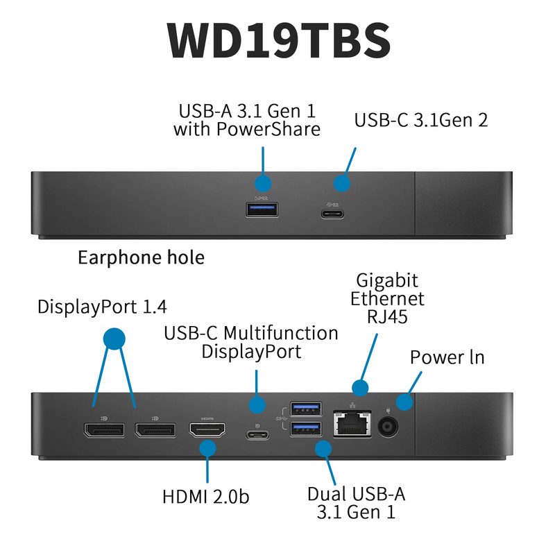 Dell WD19TBS Docking Station, Performance Dock WD19TBS with 180W Power