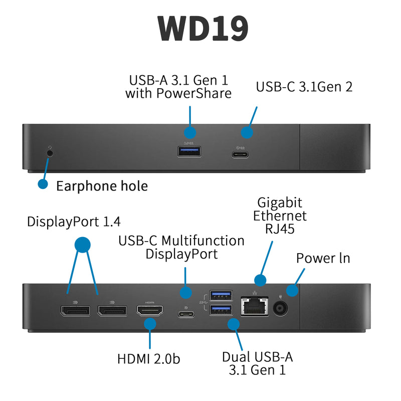 Dell Docking Station WD19 130W, Performance Dock WD19 with 130W Power Adapter + 90W Power Delivery + HDMI Cable + DisplayPort Cable