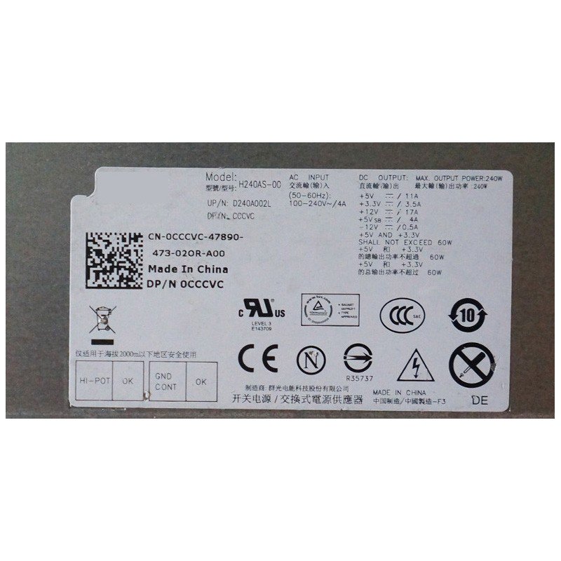 For Dell  Optiplex 390 790 990 3010 SFF 240W Power Supply - CCCVC 0CCCVC-FKA
