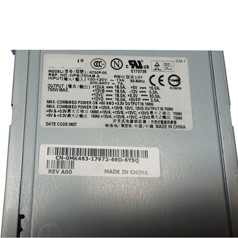 Dell PowerEdge SC1430 Precision 490 690 750W MK463 0MK463 CN-0MK463 N750P-00 Power Supply-FKA