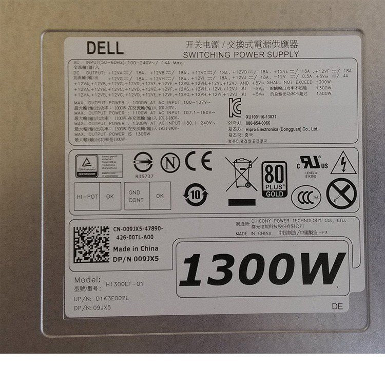 Dell Precision T7600 T7610 1300W Power Supply 009JX5 H1300EF-01 D1K3E002L-FKA