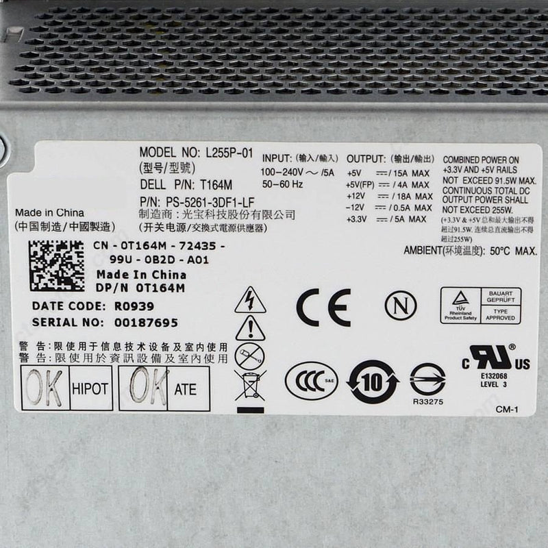 T164M 0T164M 255W Power Supply for Dell Optiplex 760 780 960 Desktop PSU L255P-01-FKA