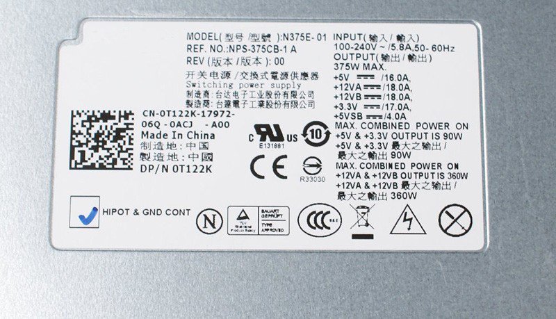 Dell PowerEdge T310 Tower NPS-375CB-1 AN375E-01 375W Power Supply T122K 0T122K CN-0T122K PSU-FKA