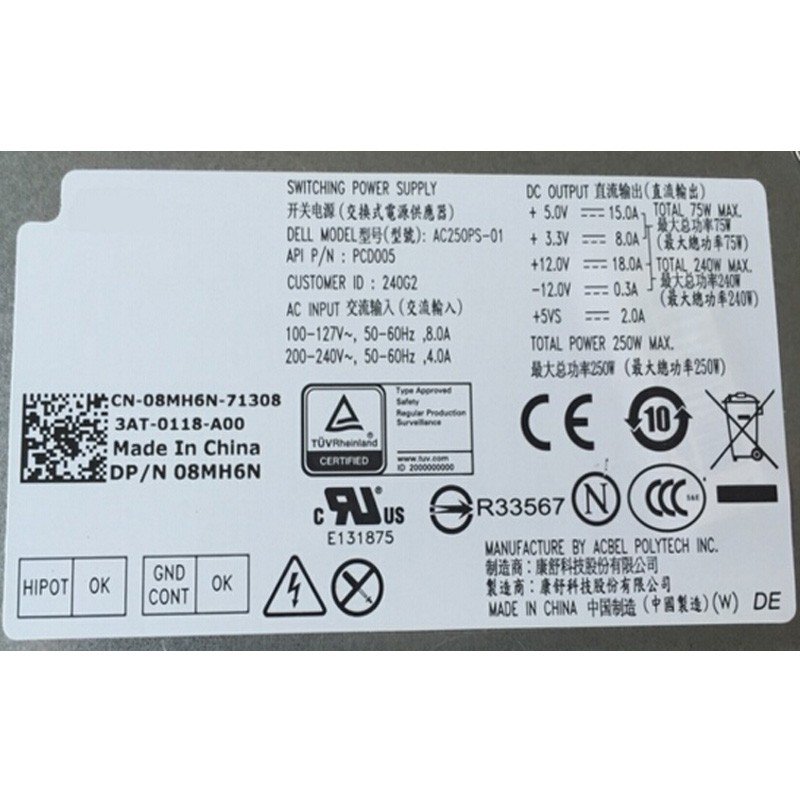 For Dell Optiplex 390 790 990 250W PSU AC250NS-00 8MH6N 08MH6N CN-8MH6N Slim Desktop Power Supply-FKA