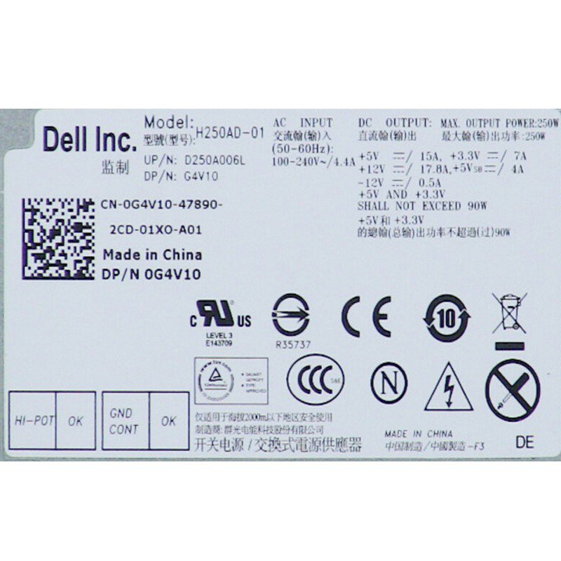 Dell G4V10 0G4V10 250W Desktop Optiplex 3010 7010 SDT Power Supply Unit L250AD-00-FKA