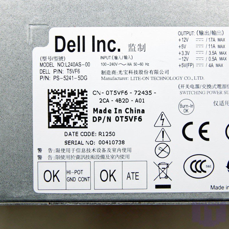 Dell Optiplex 3010 7010 9010 SFF SMPS Power Supply 240W T5VF6 0T5VF6 L240AS-00-FKA