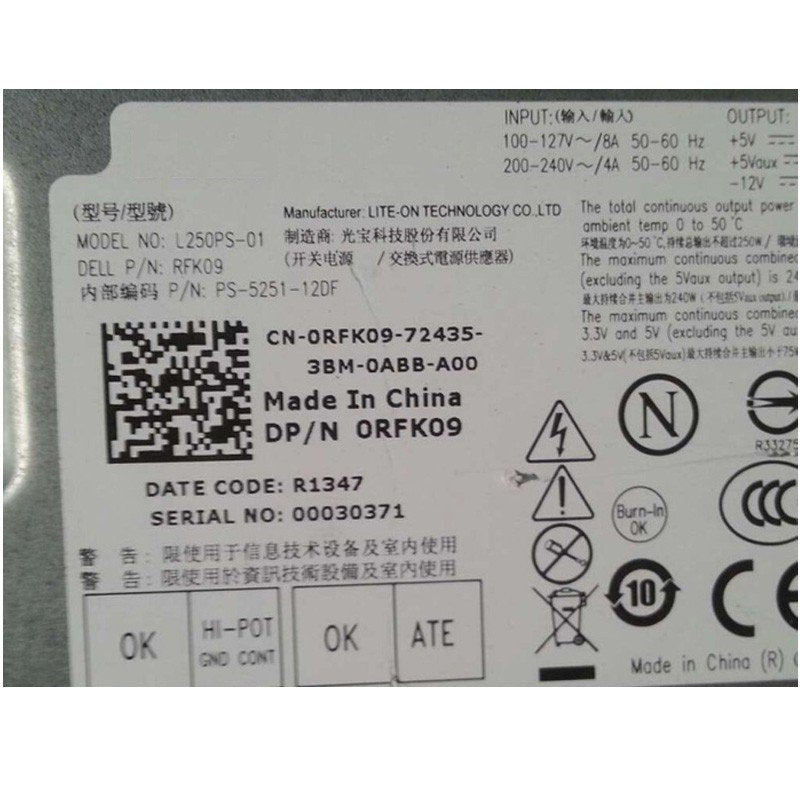 Dell RFK09 0RFK09 250Watt Power Supply for Optiplex 390 990 790 DT PSU L250PS-01-FKA