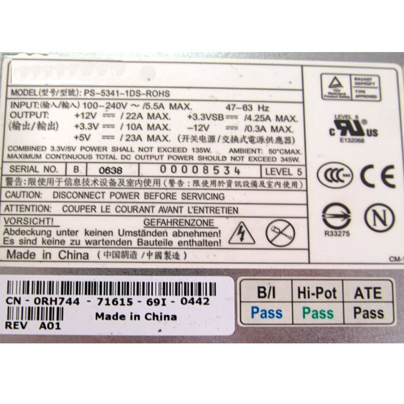 Dell Poweredge 850 860 R200 345W Power Supply Unit 0RH744 PS-5341-1DS-FKA