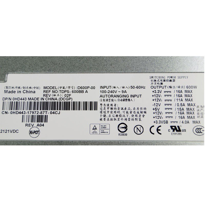 Dell PowerEdge SC1435 600Watt Power Supply 0HD443 D600P-00-FKA