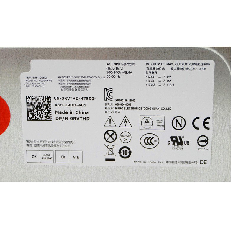 Dell RVTHD 0RVTHD Optiplex 3020 7020 MT Power Supply 290W PSU L290EM-01-FKA