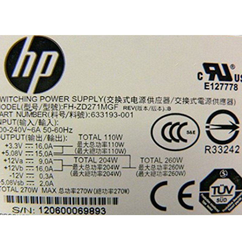 HP Slimline S5 Series Computers 270W Power Supply 633193-001 FH-ZD271MGR PSU-FKA