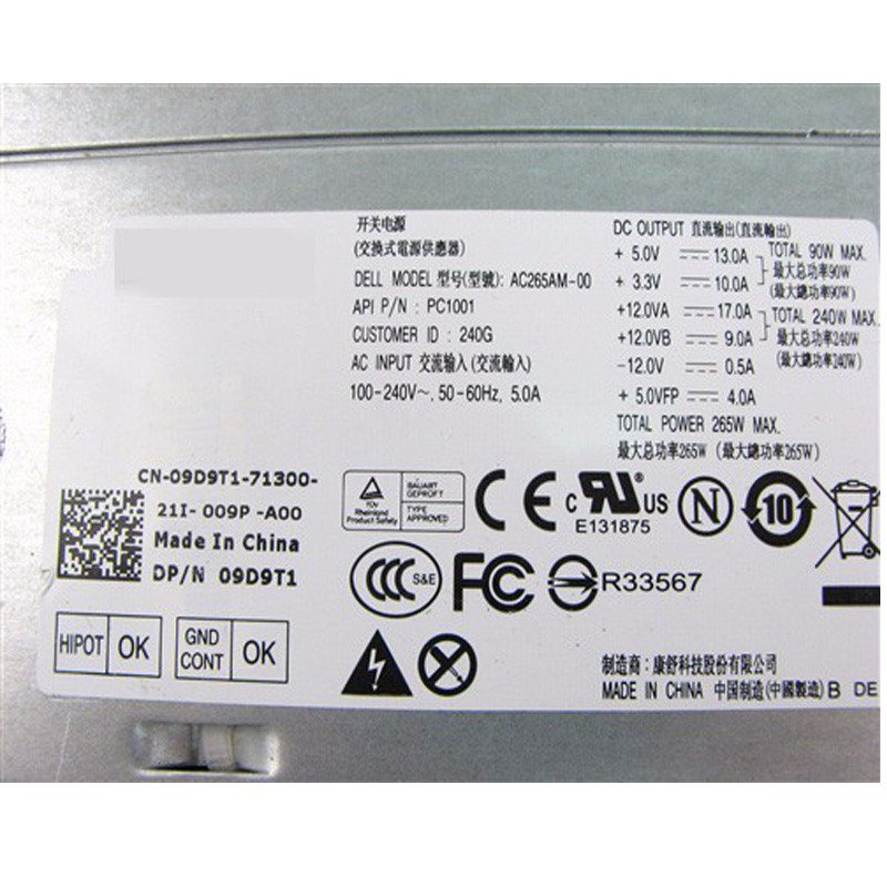 Dell 9D9T1 09D9T1 265Watt Power Supply for Optiplex 390 790 990 3010 7010 9010 AC265AM-00-FKA
