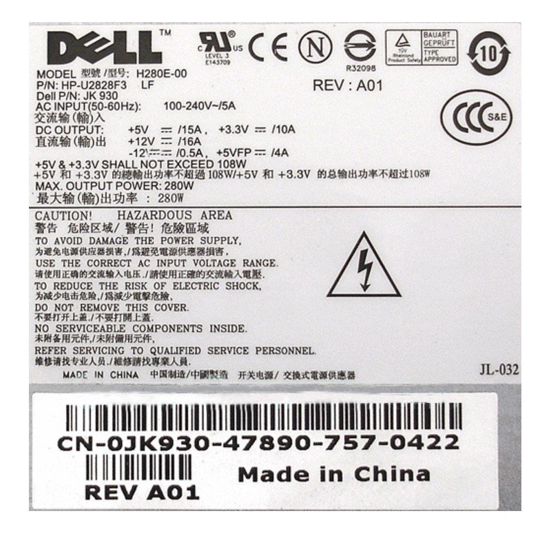 Dell JK930 0JK930 Optiplex 740 745 755 H280E-00 JK930 280W Power Supply HP-U2828F3-FKA