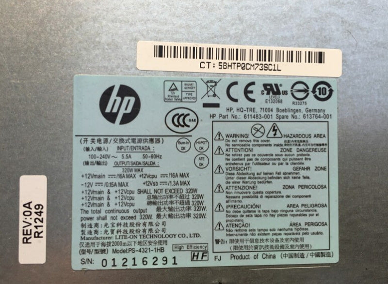 HP Compaq 8200 6300 8000 Elite MT 320 Watt Power Supply Unit 611483-001 613764-001 PS-4321-1HB-FKA