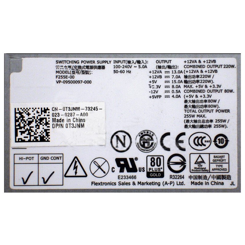 Dell T3JNM 0T3JNM 255W Power Supply for OptiPlex 760 780 960 980 Mini Tower MT F255E-00-FKA