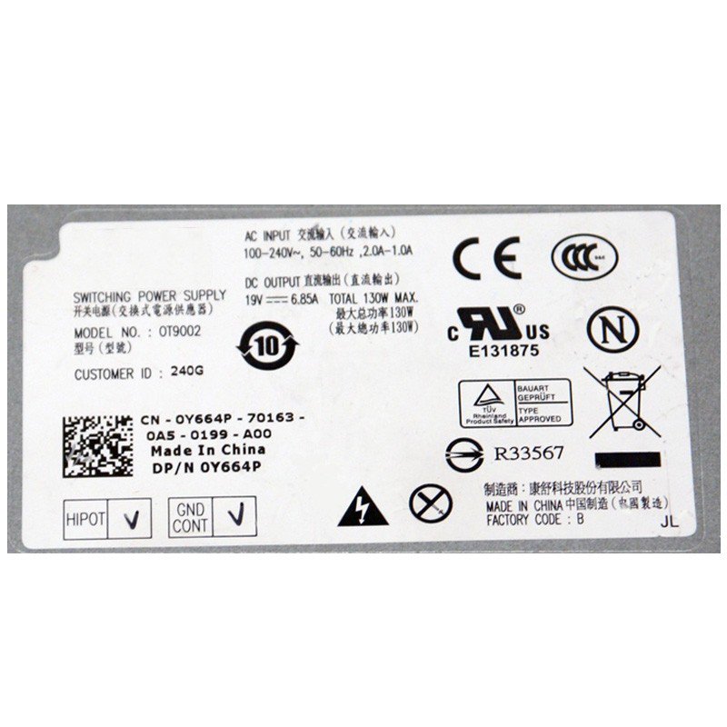 Dell Studio One 1909 USFF Ultra Small Form Factor 130Watt Power Supply 0Y664P 0T9002-FKA