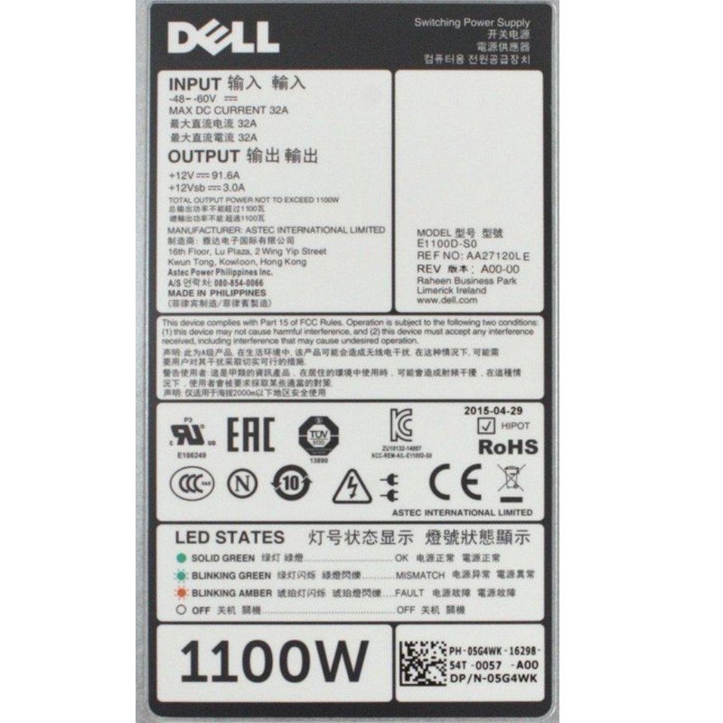 Dell PowerEdge Block Plug R730 R620 R720 1100Wt DC Power Supply 5G4WK E1100D-S0-FKA