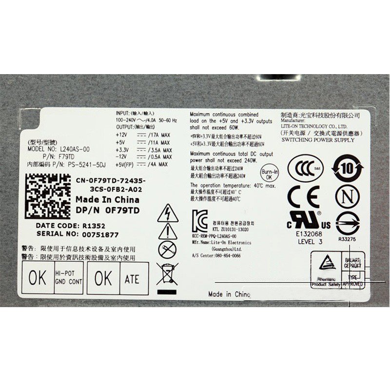 Dell F79TD 0F79TD 240W Power Supply for Optiplex 7010 9010 SFF L240AS-00-FKA