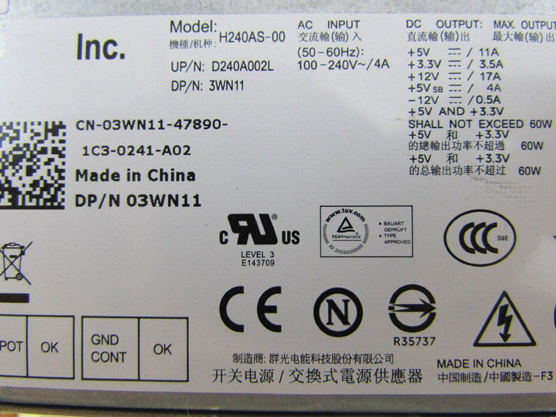 Dell OptiPlex 990 SFF Small Form Factor 240 Watt PSU Power Supply 03WN11 H240AS-00-FKA