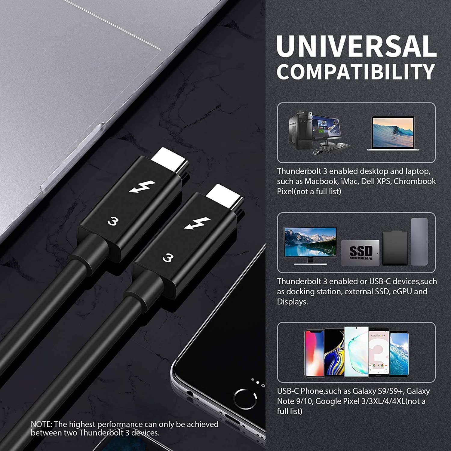 Thunderbolt 3 Cable 3.3ft, 40Gbps Data Transfer, 5K Displays, 100W Charging, Compatible for MacBook, Dell, ThinkPad, HP, Chromebook, and USB-C Devices (0.5M+1M)-FKA