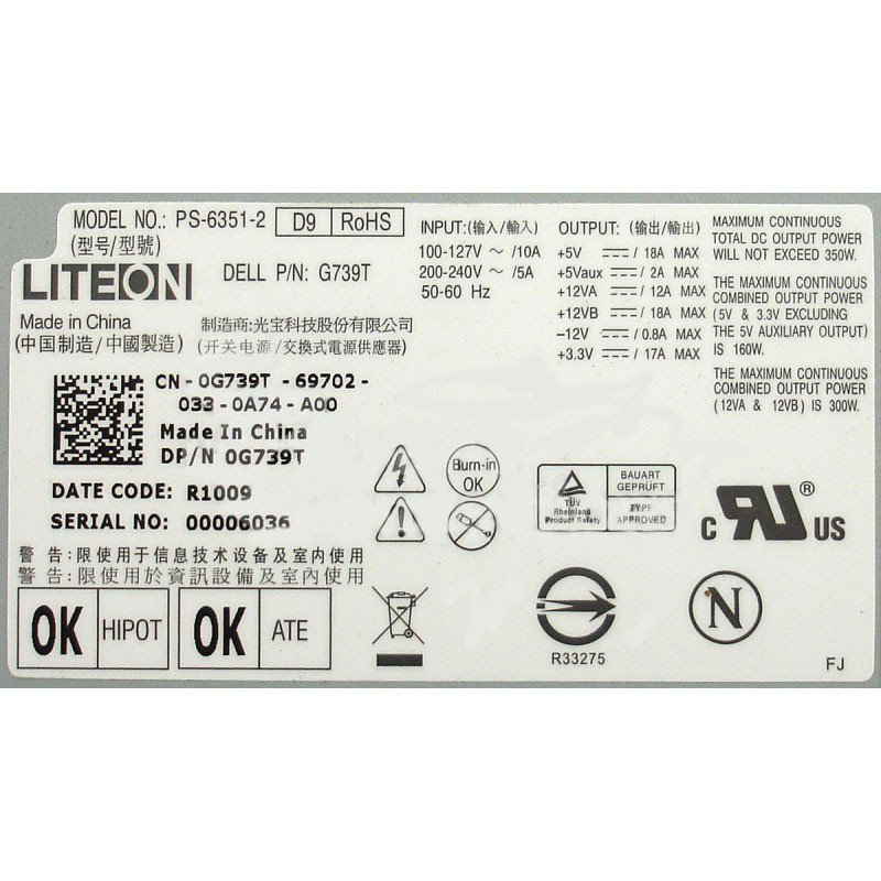 Dell G739T 0G739T Inspiron 530 531 Vostro 200 400 Studio 540 PS-6351-2 350w Power Supply-FKA