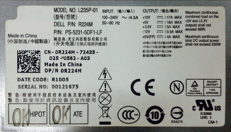 R224M Dell Optiplex 760 780 960 SFF Power Supply R224M CN-0R224M L235P-01 PSU-FKA