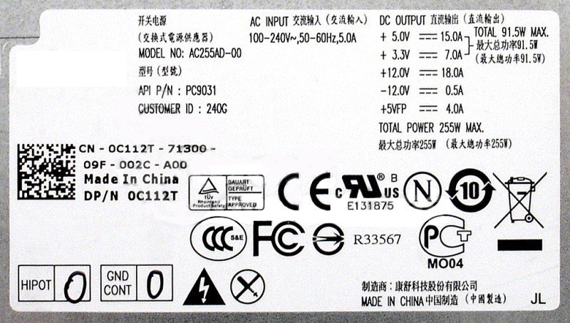 C112T 0C112T 255W Power Supply for Dell Optiplex 760 780 960 980 Desktop AC255AD-00-FKA