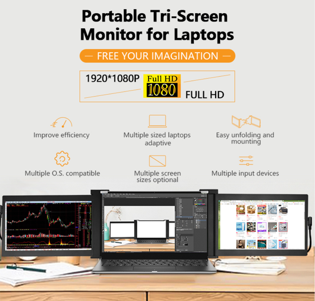Portable Monitor For Laptop Dual Three Screen 1080P IPS Display 11.9 Inch-FKA