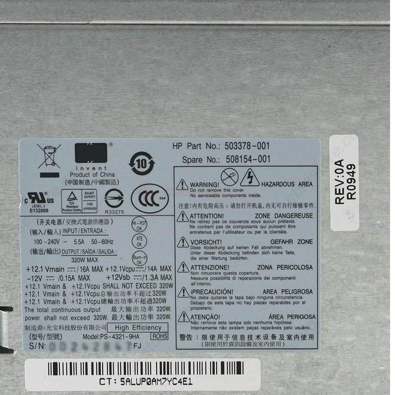 HP 503378-001 508154-001 Elite 8000 8080 8100 8180 6000 6080 6005 MT 320W Power Supply-FKA