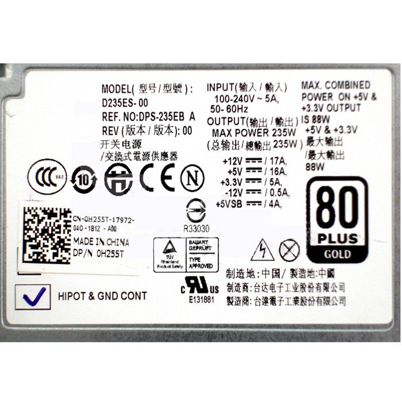 Dell H255T 0H255T SFF 235W Power Supply for OptiPlex 760 960 980 D235ES-00 DPS-235EB-FKA