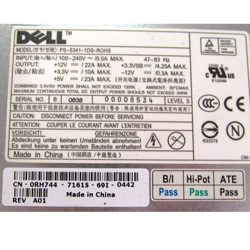 For Dell PowerEdge R200 850 860 Servers  PSU RH744 0RH744 CN-0RH744 345W Hot Swap Power Supply DPS-345AB-FKA