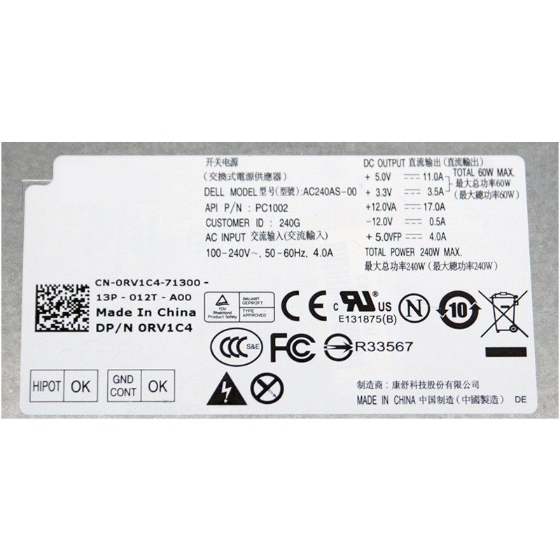 RV1C4 0RV1C4 Power Supply for Dell OptiPlex 3010 390 790 990 SFF 240Watt AC240AS-00-FKA
