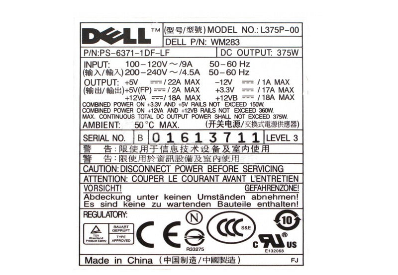 Dell XPS 400 410 420 PSU WM283 0WM283 L375P-00 375W Power Supply-FKA