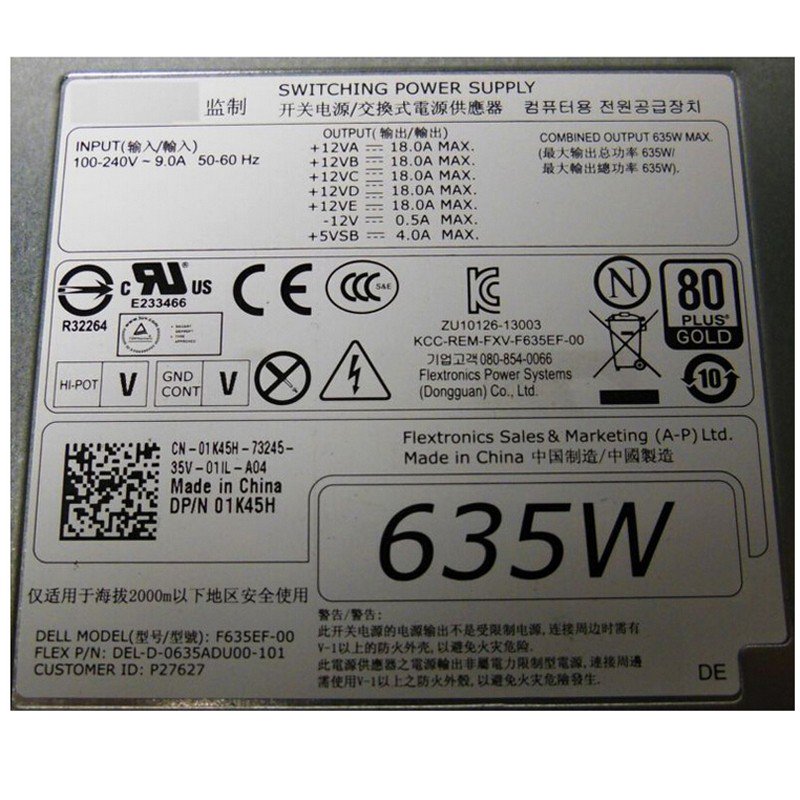 Dell Precision T3600 T5600 Server 635Watt Power Supply 1K45H 01K45H CN-01K45H F635EF-00-FKA