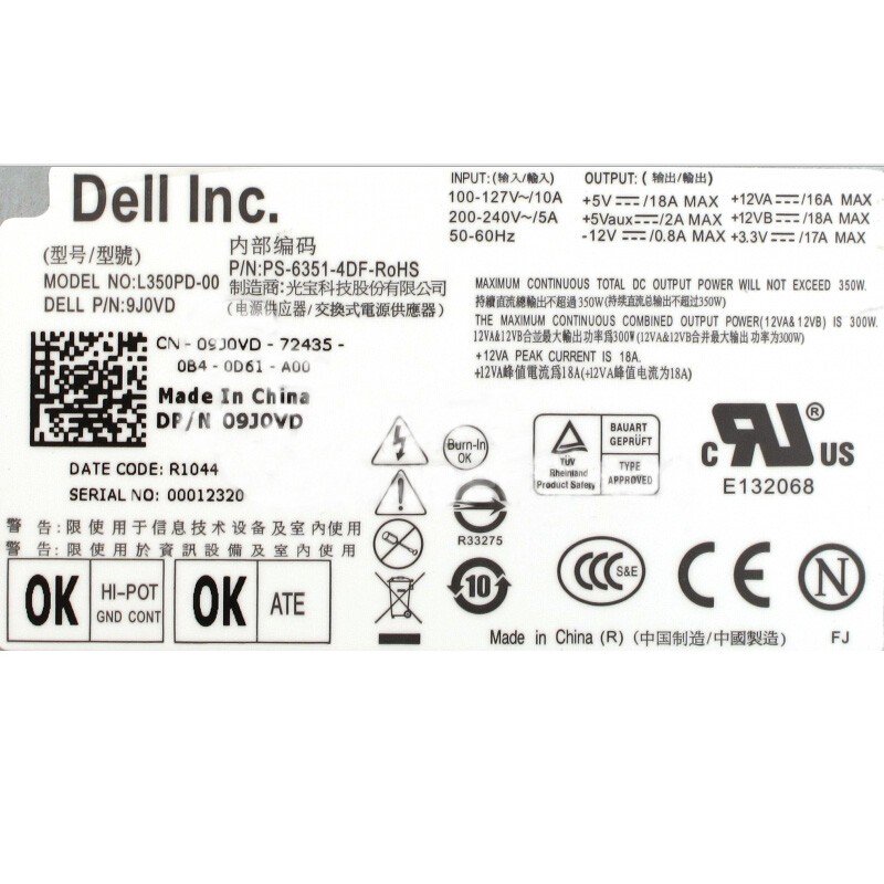 For Dell Vostro 460 Mini Tower 350W PSU 9J0VD 09J0VD L350PD-00 PS-6351-4DF-R0 Power Supply-FKA