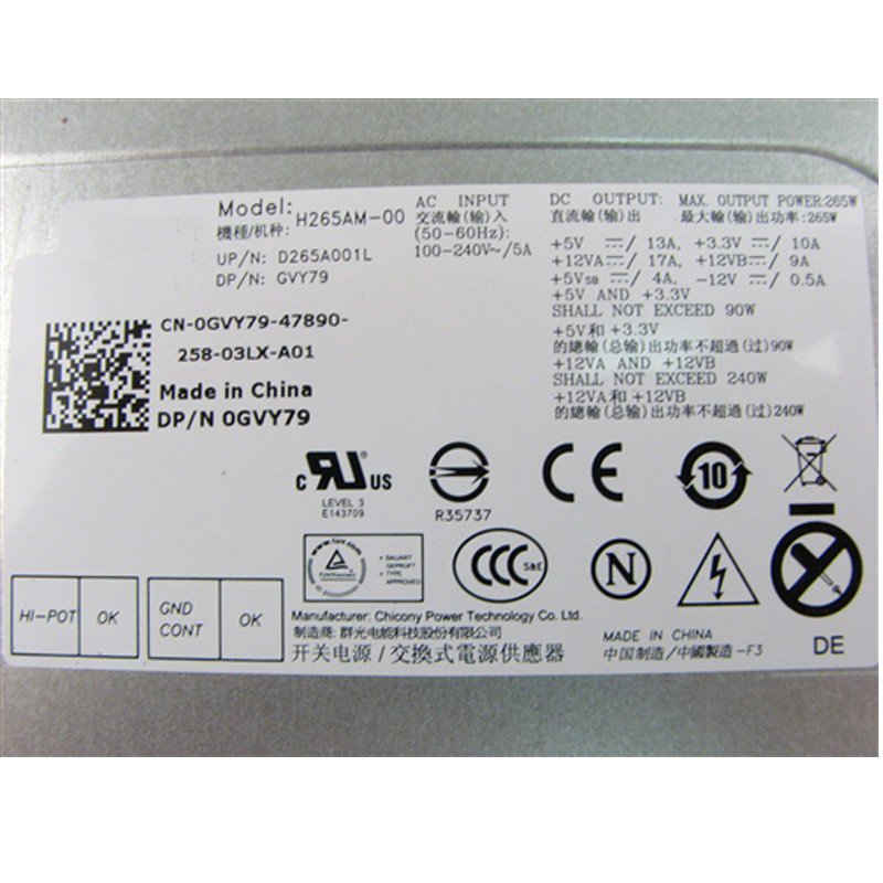 Dell Optiplex 390 790 990 SMT 265Watt Power Supply 0GVY79 H265AM-00-FKA