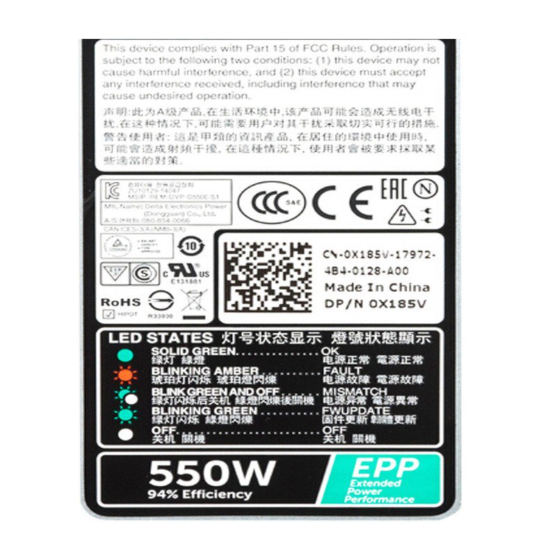 For Dell PowerEdge R430 Power Supply 550W Server PSU L550E-S0 X185V 0X185V CN-0X185V-FKA