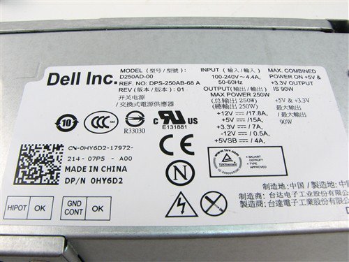 For Dell HY6D2 0HY6D2 Inspiron 530s 620s Vostro 200s 220s Optiplex 390 790 990 Desktop DT Systems 250Watt Power Supply D250AD-00-FKA